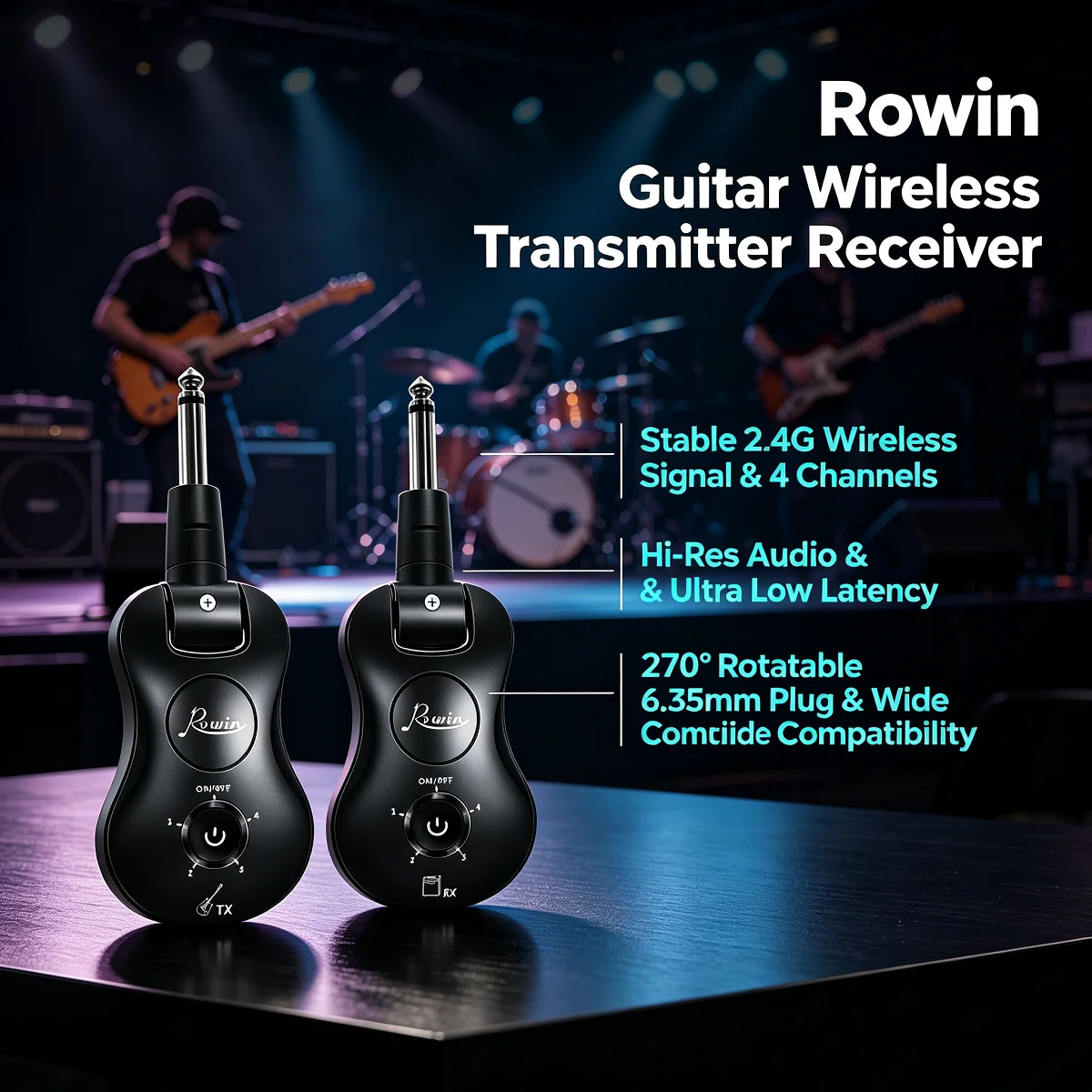 Rowin 2.4GHz Guitar Wireless Transmitter & Receiver 32bit/48KHz Hi-Res Audio 4 Channels Rotatable Wireless Guitar Bass System