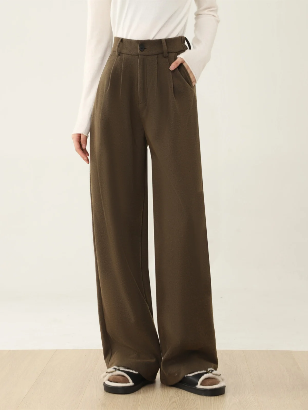 กางเกงสูทขายาวทรงตรงสีน้ำตาลสำหรับผู้หญิง รุ่น Crsu Loose Long Thin ผ้าผสมฝ้ายและขนสัตว์ แฟชั่นต้นฤดูใบไม้ผลิ 2026