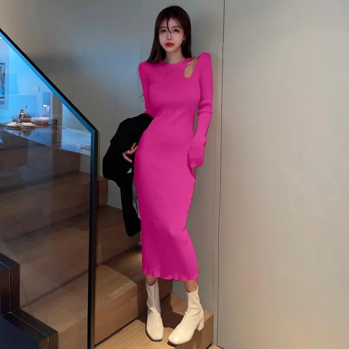 Gege's Spring Socialite Elegant Sexy round Neck Hollow off-Shoulder Long sleeve Long dress Slim fit Sheath Dress Women