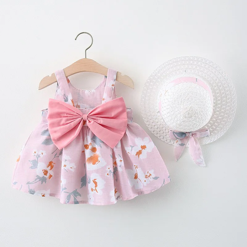

2 Pcs Girl's Summer Fashion Flower Big Bow Dress with Hanging Straps Girl's Pure Cotton Dress Comes with Sun Visor Hat 0-3 Years
