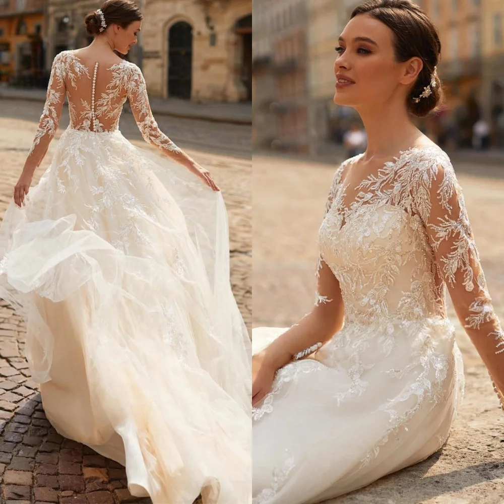 

Customized Formal Tulle Wedding Dresses Dreamy Strapless Long Sleeves Dresses Wedding Dresses Buttons Back Bespoke Occasion Gown
