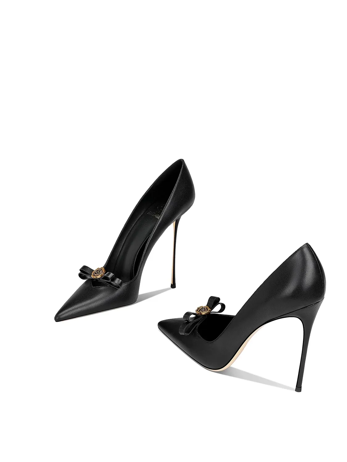 Stiletto high heels spring new pointed shallow leather metal rose bow single shoes banquet large size small size women's shoes