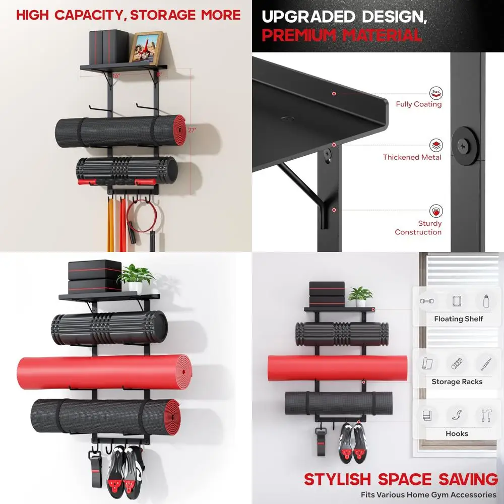 

Yoga Mat Holder Wall Mount, Yoga Accory Mat Storage Rack, Home Gym Accories Organizer, loating Shel and Hooks or Hanging oam Rol