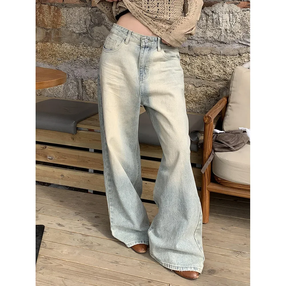 Spring Retro Straight Leg Jeans, Women's Korean Version Casual Fashion Pressed Resin Scratch Wide-leg Pants, Floor-length Jeans