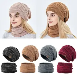 Gorros de lana de punto para mantener el calor, conjunto de bufanda, gorros de cobertura, Invierno