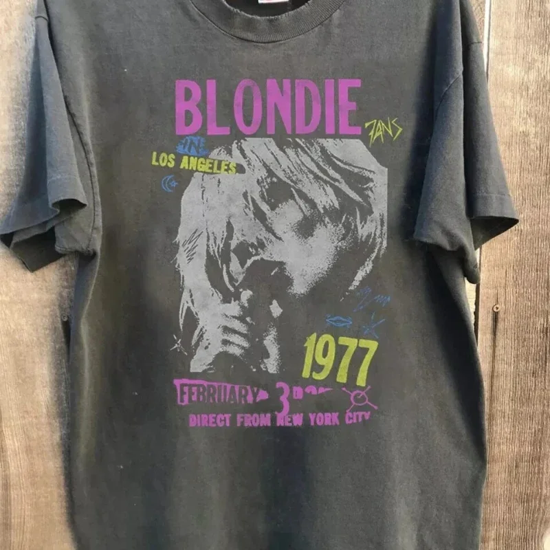 الأمريكية خمر بلوندي جولة 1977 الأساسية الفحم تي شيرتات قصيرة الاكمام الصيف جديد خمر أزياء الرجال والنساء الشارع الشهير #1