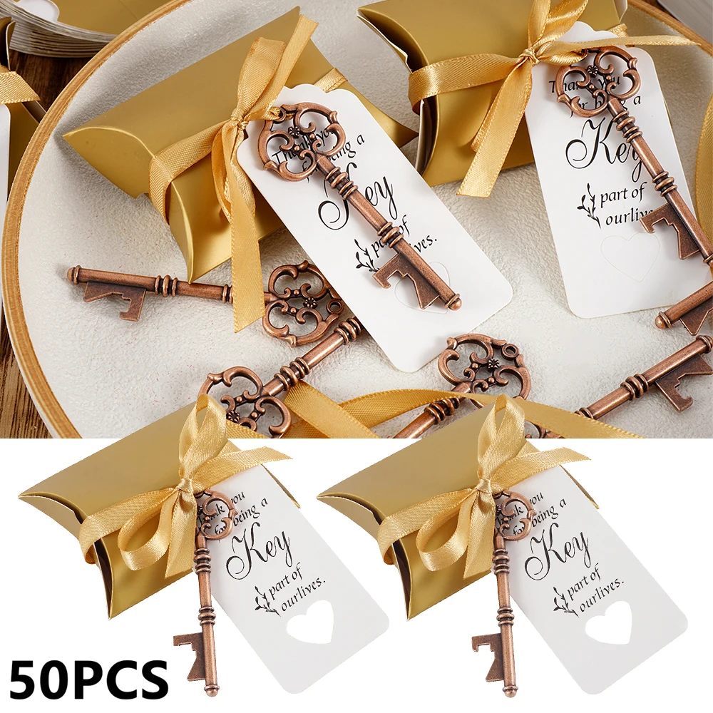 

50Pcs Vintage Key Bottle Opener for Wedding Gift Guest Souvenir with Cushion Boxes Silk Ribbon Label Skeleton perfect decor