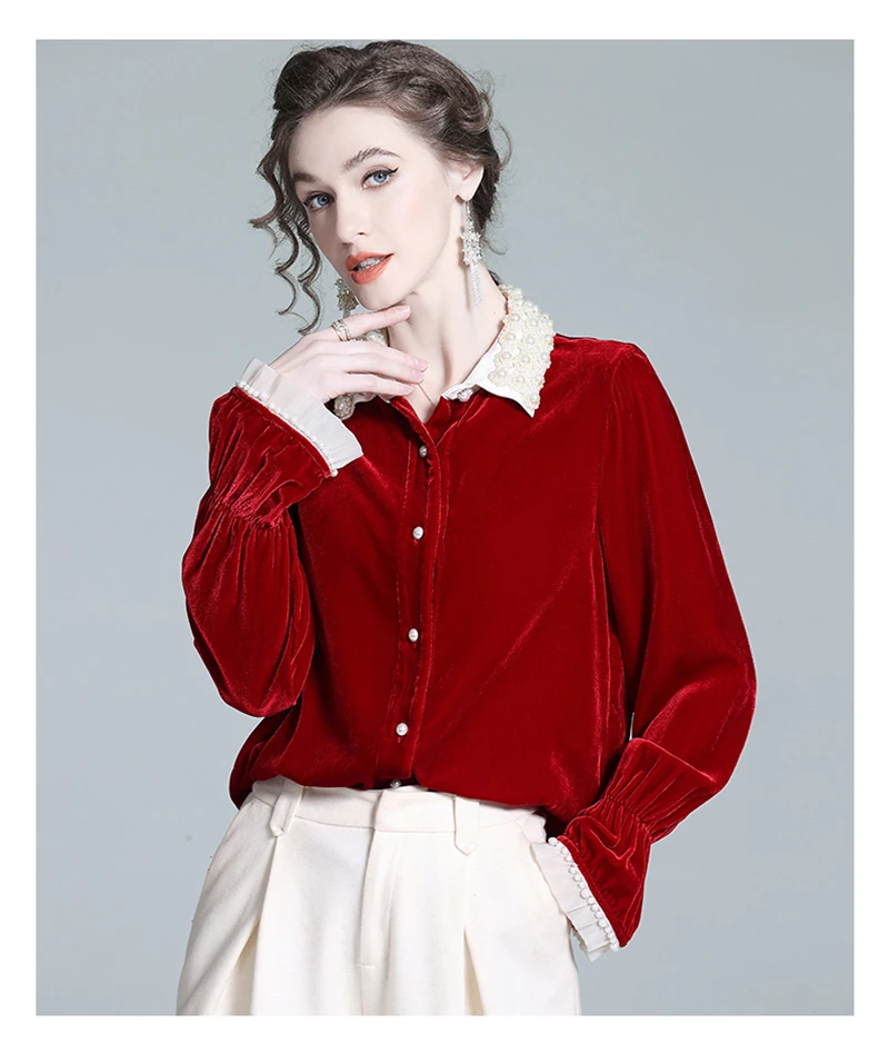 Fengboyu Luxe zijden fluwelen damesoverhemd met parelkraag Top met lange mouwen Elegant Hoogwaardig Modieus Zakelijk Casual