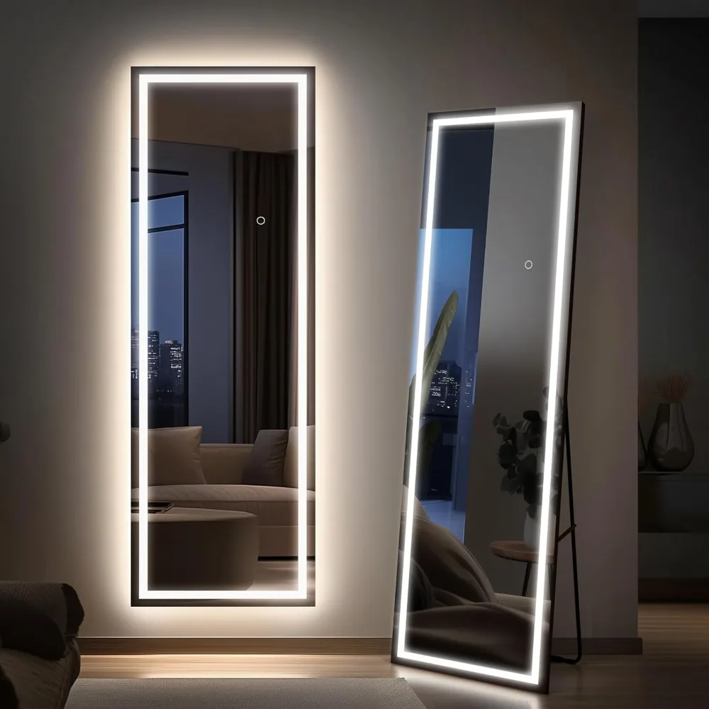 

66x22 Frameless Full Length Mirror, Dimmable 3 Color Led Light W/memory Function, Distortion Free, Hd Reflection & Anti Desilver