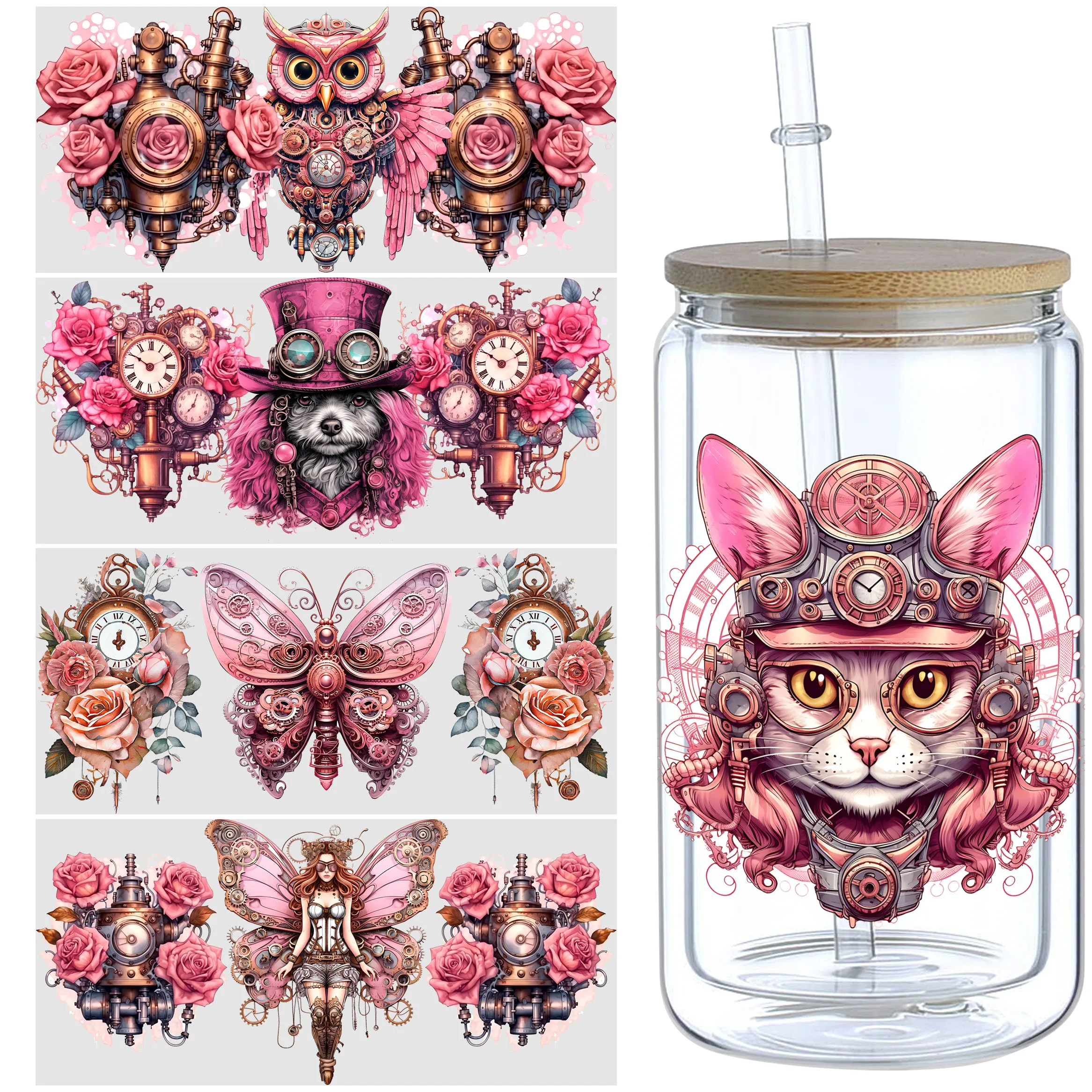 

5 Sheets Steampunk UV DTF Cup Wrap,Sport DTF Transfer Stickers for Glass Cup,Waterproof funny Punk animal Rub on Transfers