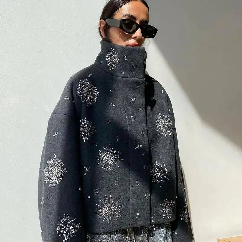 

Casual Embroidery Beading Loose Women Coat Lapel Collar Bat Sleeve Solid Wool Blend Jacket 2025 New Lady Spring Outerwear