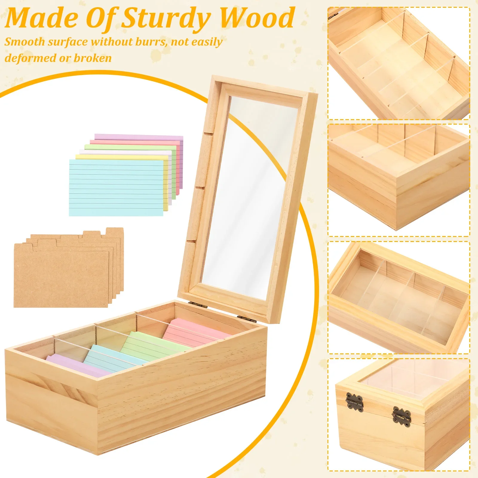 Wood Card Box Business Card Holder Index Tabs Card Organizer Recipe Box Office desk Storage up to 500 Cards
