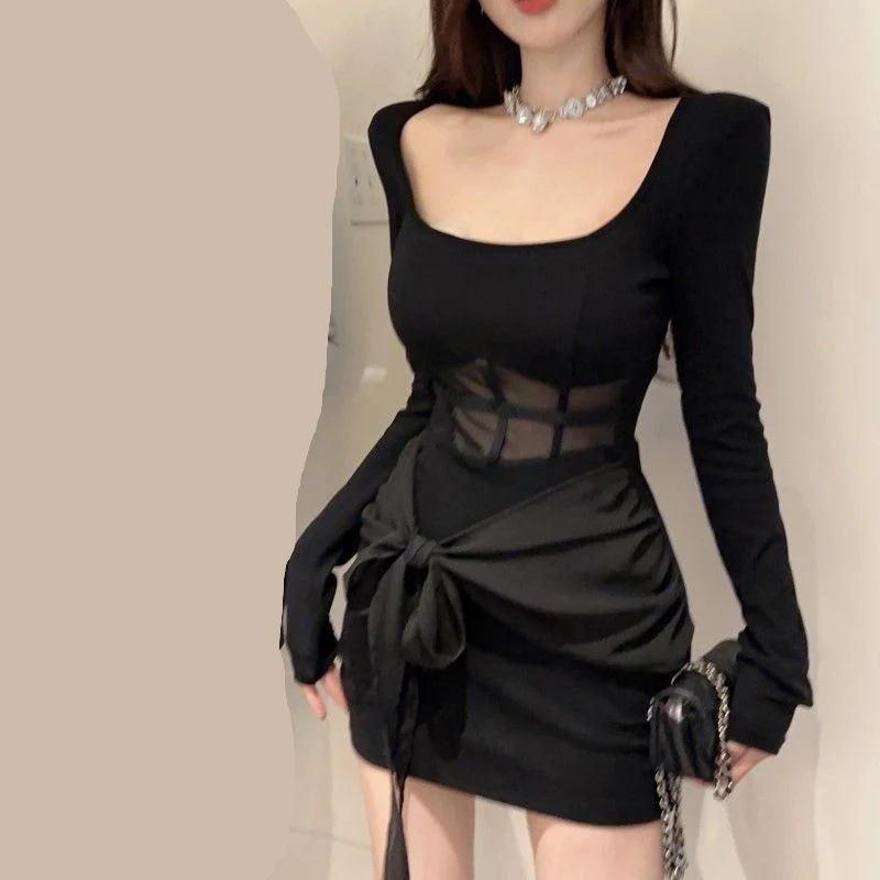 

2024 new spring outfit, spicy girl, sexy queen, black mesh dress, women's slim fit, hip hugging short slim fit