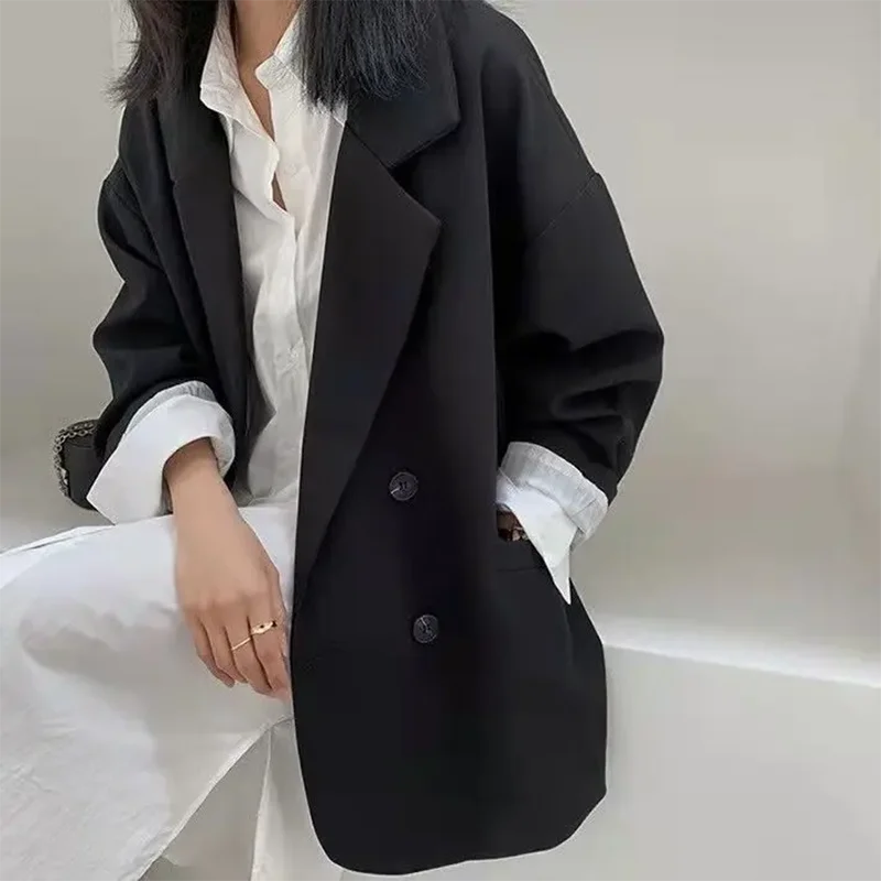 2025 Blazers de gran tamaño para mujer, traje negro de manga larga, ropa de calle, chaqueta holgada coreana, abrigo de primavera y otoño, prendas de vestir con doble botonadura