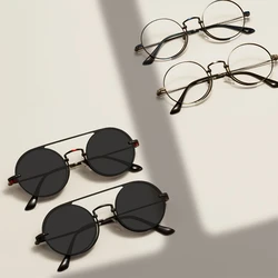 Classic Metal Retro Round Glasses Frames With Clip On Sunglasses Large High Quality Full Rim For Optical Prescription lenses