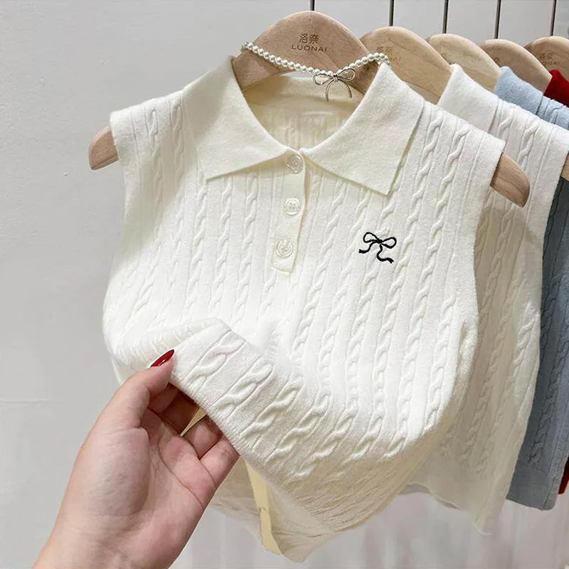 

Sweaters Sleeveless Knitted Sweater Women Pullovers New Summer Turn Down Collar Knit Sweater Pullover Women Tops Knitwears Q3901
