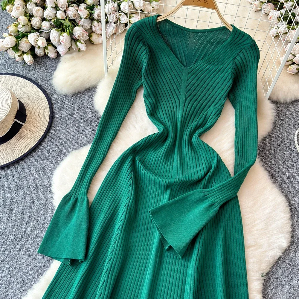 Elegant Knitted Long Dress Women Flare Sleelve V Neck Ruffles Solid Bodycon Dresses Party Fashion Office Lady Vestidos