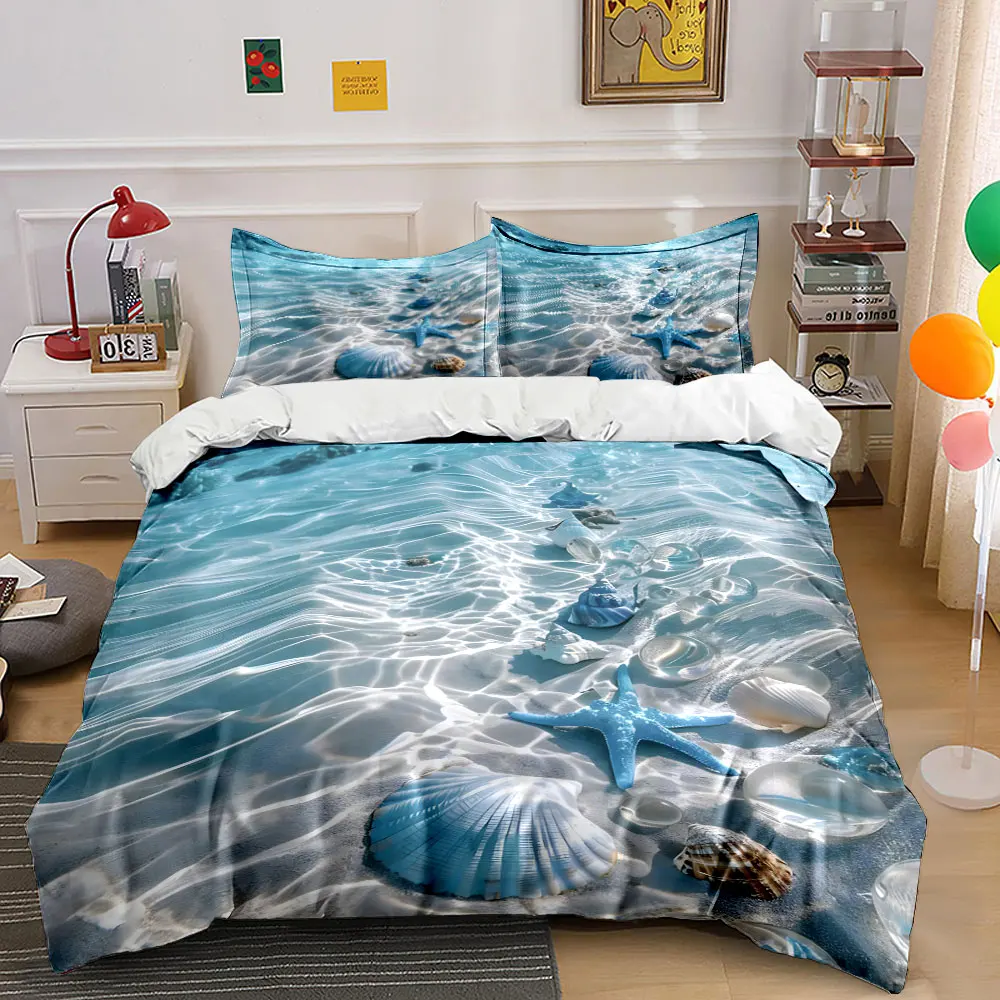 Shells and starfish under ripples Duvet Cover Set with 3D Printing Design Soft Polyester Bedding Set All-Season Comfort