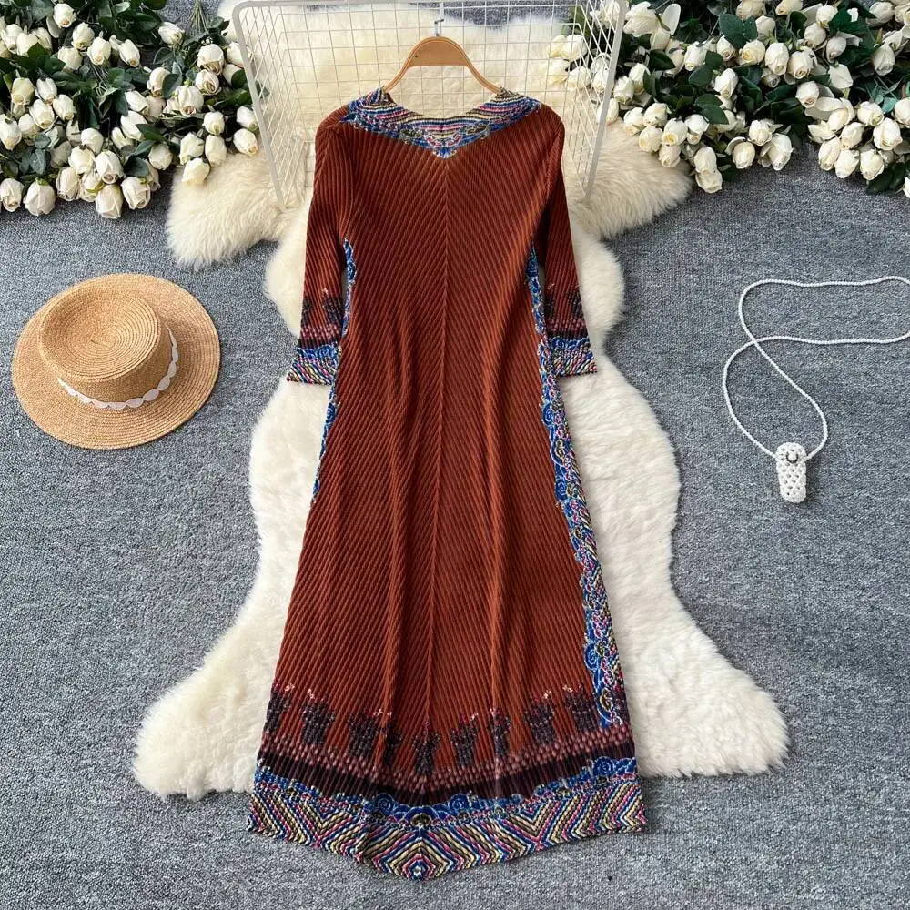 ชุดเดรสวินเทจแขนยาวแบบต่อผ้าสไตล์ลำลองสำหรับงานเลี้ยงตอนเย็น ชุดเดรสสำหรับงานพิธีในสไตล์ไฮสตรีทสำหรับผู้หญิง