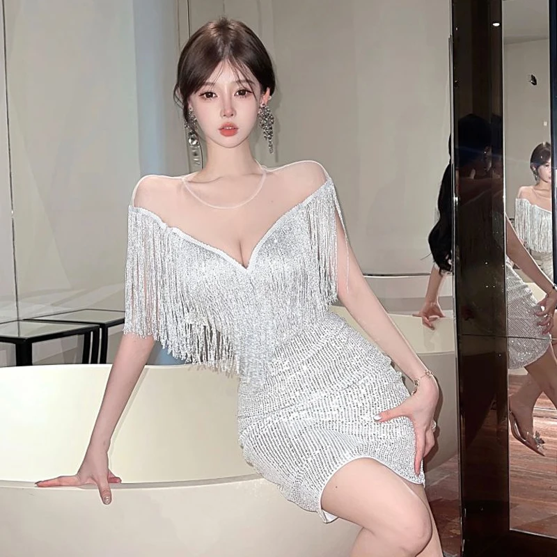 Sexy Silver Party Dress for Women Mesh Tassel Banquet High Waist Slim Mini Club Dress Low Breast Annual Meeting Gliter Dress