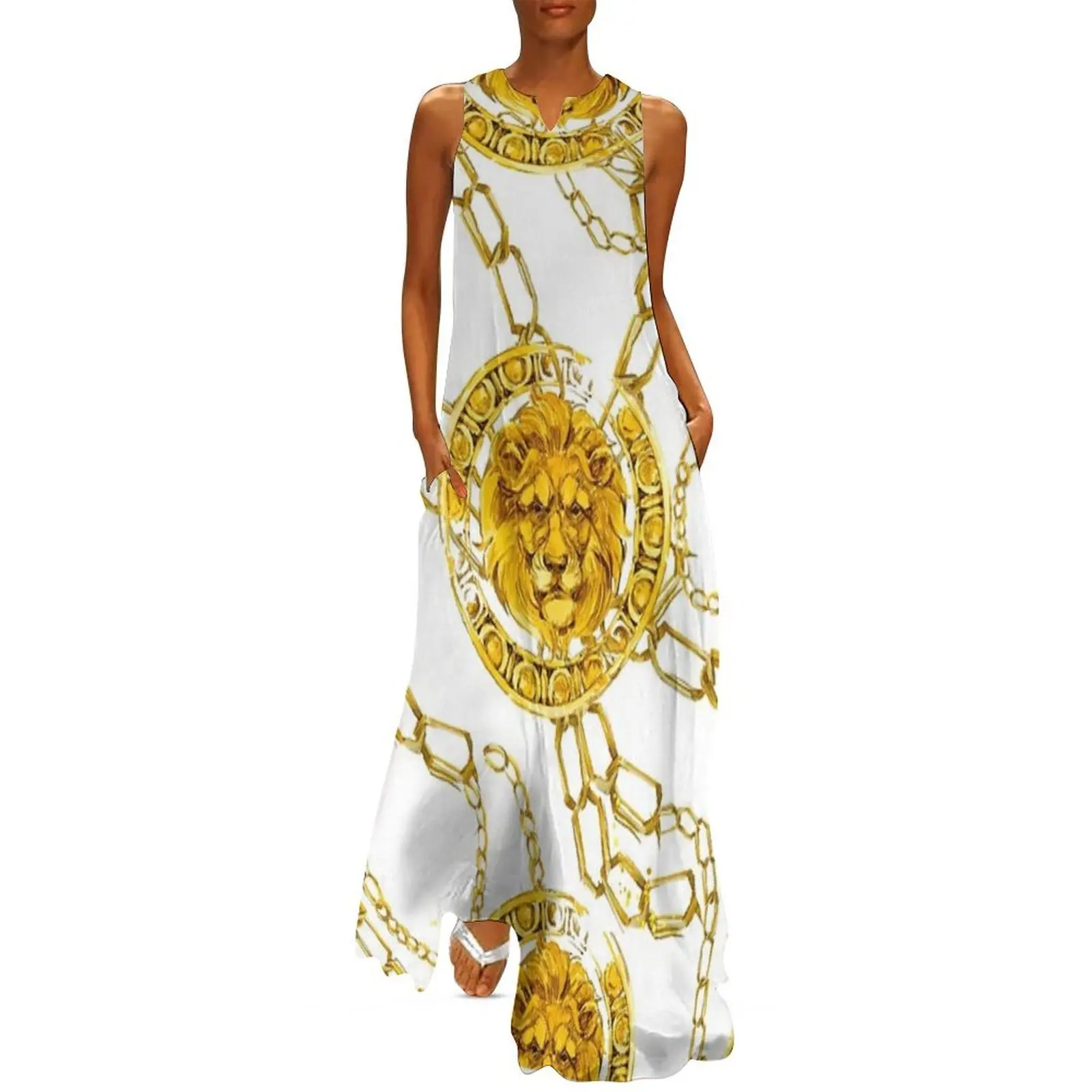 

golden lion baroque seamless pattern. Watercolor vintage gold lace ornament. luxury textile print Long Dress