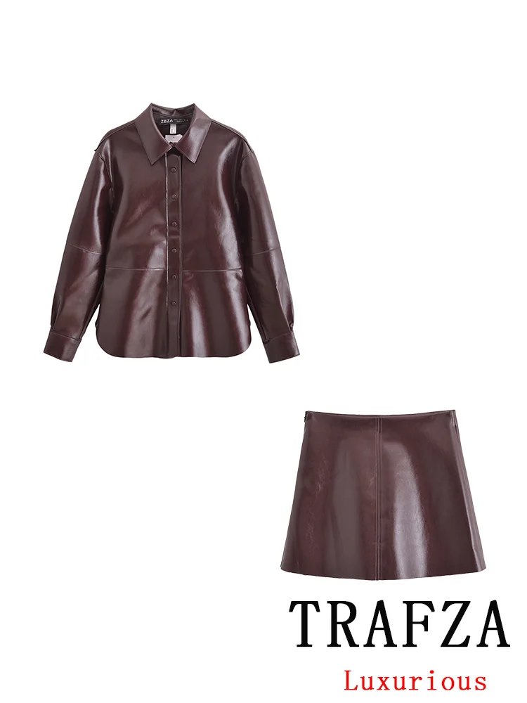 TRAFZA Vintage Faux Leather garnitur damski z długim rękawem skręcić w dół kołnierz kurtki prosta Mini spódniczka moda 2024 garnitur jesienno-zimowy