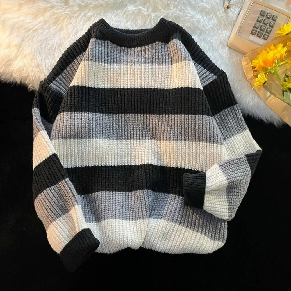 Winter Men Sweater Striped Colorblock Knitted Thick Loose Warm O Neck Long Sleeve Soft Pullover Elastic Streetwear Men Sweater