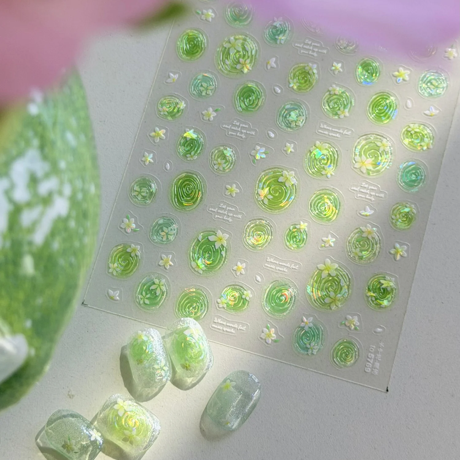 Pegatinas 5D para Uñas con Diseño de Limón Verde y Jazmín, Efecto de Agua Fresca, Burbujas, Pétalos y Estrellas, Estética Natural y Delicada para Uñas de Mujer