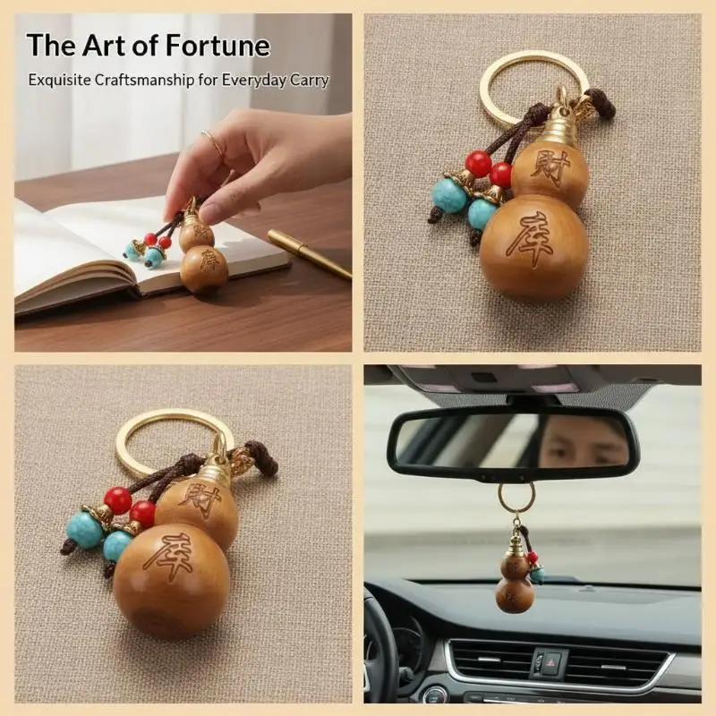 Paulownia Wood Wealth Blessing Gourd Keychain 1Pcs Handmade Lucky Pendant for Car Key Bag Home Decor Holiday Gift