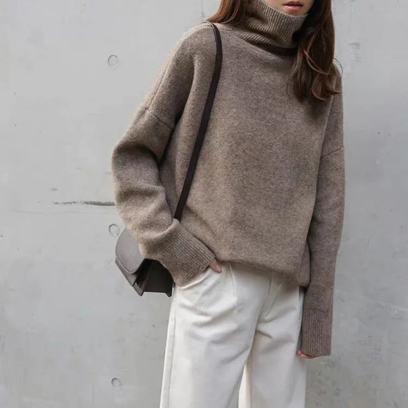 Pull en cachemire à col roulé pour femmes, style coréen, pull chaud, vêtements d'extérieur d'hiver, pulls pour femmes paresseuses, solide, 2023