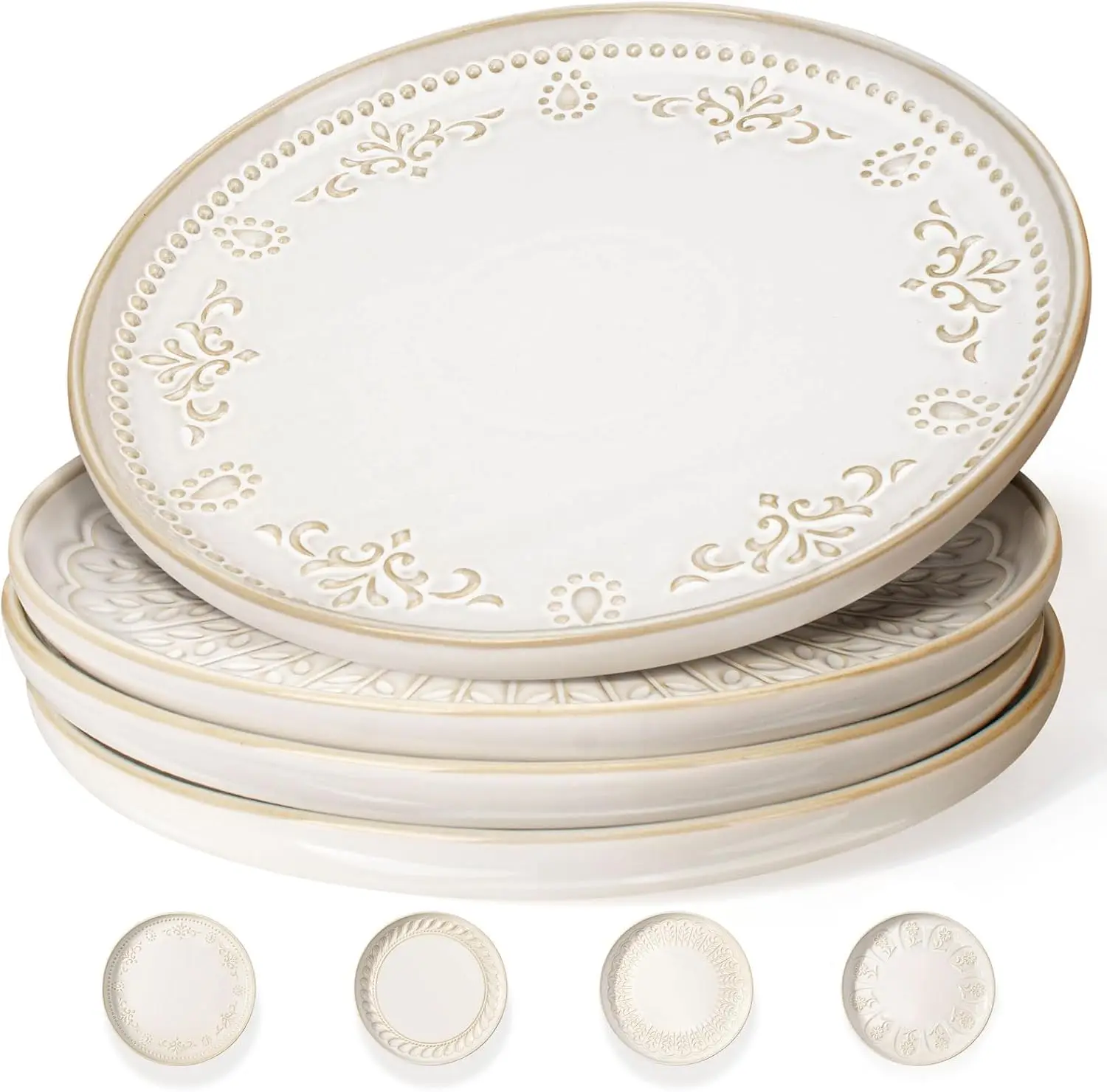 

Large Ceramic Dinner Plates Set Of 4, 10.75 Inch Embossed Kitchen Salad Plates, Modern Serving Plates For Restaurant, Pl