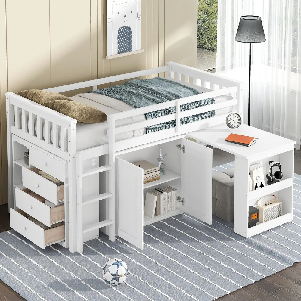 White Solid Wood Loft Bed with Desk and Drawers Modern High Sleeper Bed Frame Space Saving Study Bed for Kids Boys Girls Bedroom