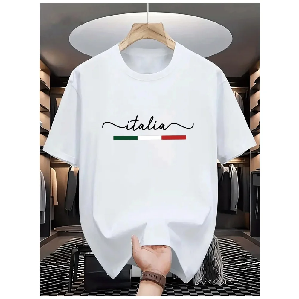 Men Polyester T‑Shirt Italia Cursive Letter Italian Flag Stripe Print Short Sleeve O‑Neck Casual Summer Tee Streetwear Male Tops
