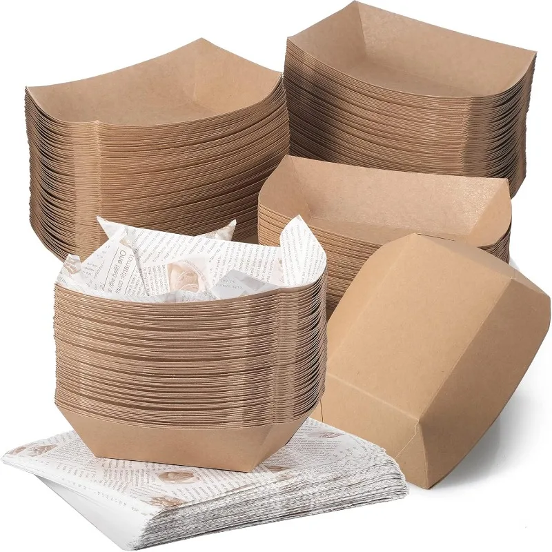 1000pcs Paper Food Boat Disposable Kraft Food Trays and Greaseproof Deli Liners