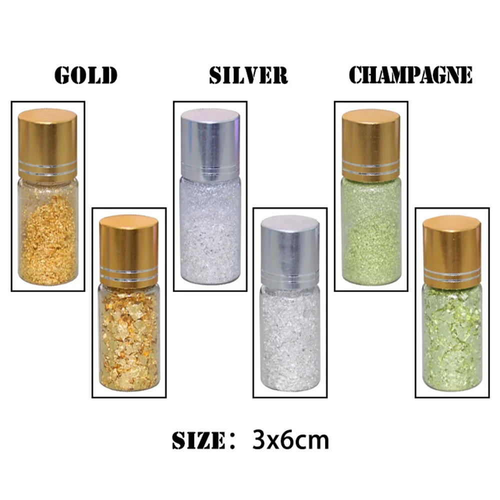 Fogli di foglia di frammento d\'oro 24K fiocchi spessi e sottili 0.1g oro argento Champagne 3 colori per artigianato di decorazione di torte