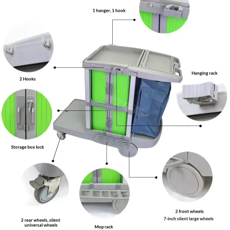 Multifunction Restaurant Hotel Cleaning Trolley Janitor Service Cart with Mop Wringer bar Laundry Trolley Cart