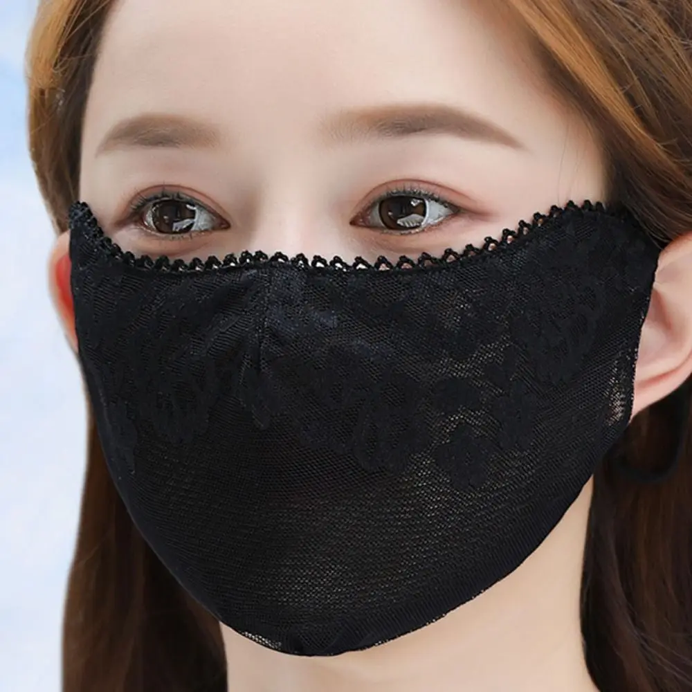 

Thin Solid Color Sunscreen Lace Mask Flower Sunshade Sunscreen Face Cover Breathable Adjustable Strap UV Protection Mask Cycling