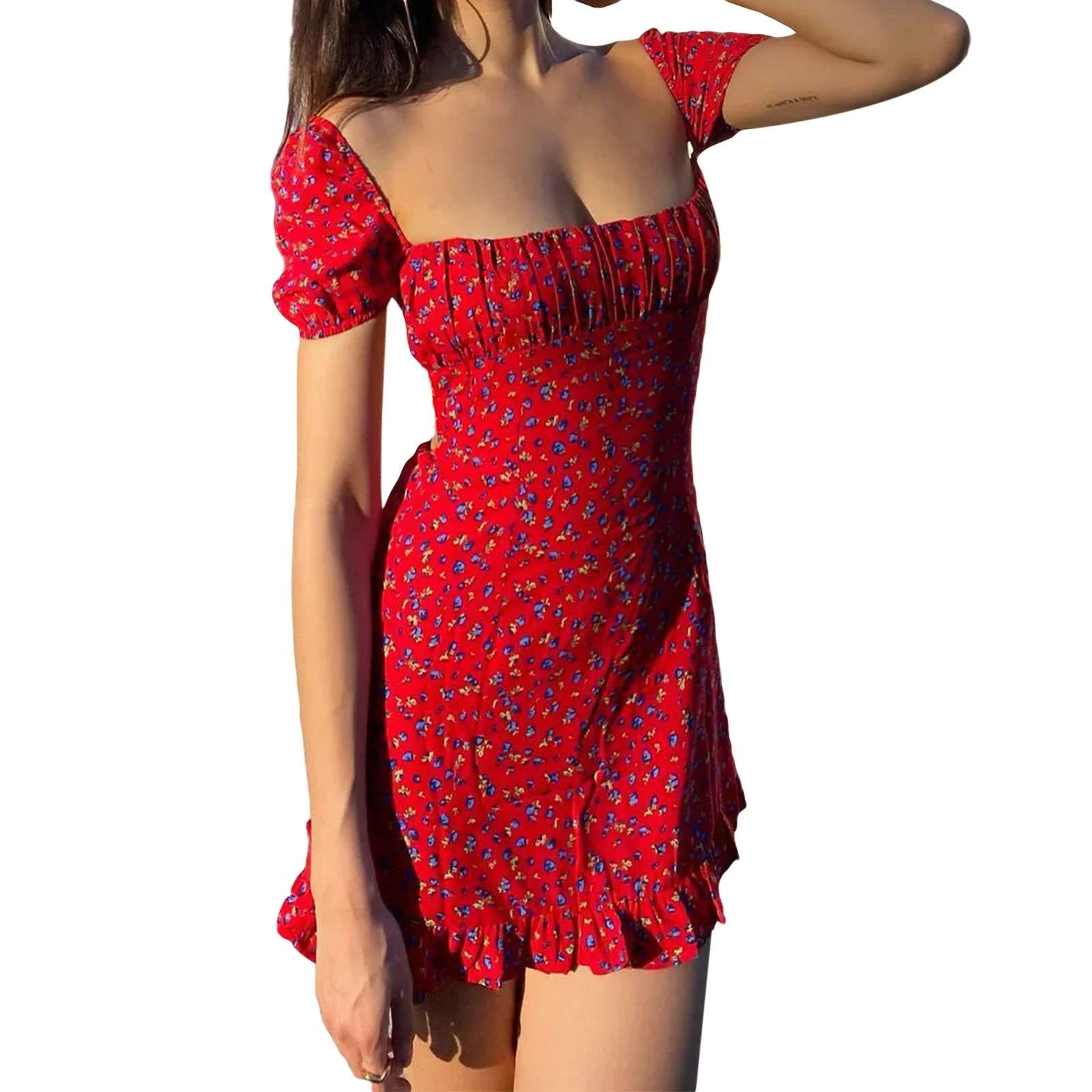 

Women s Sexy Ruffled Mini Dress Square Neck Short Sleeve Floral Beach A Line Backless Dresses