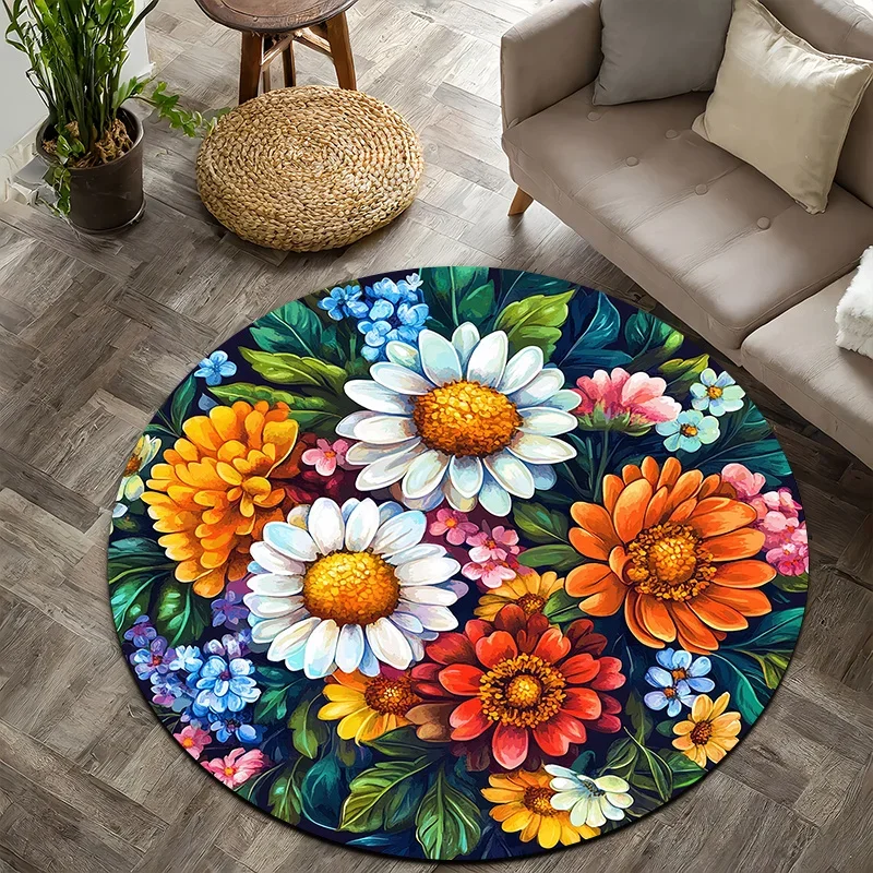Floral and bright style Flannel-printed round floor mats are slip-resistant Suitable living room bedroom terrace garden carpets