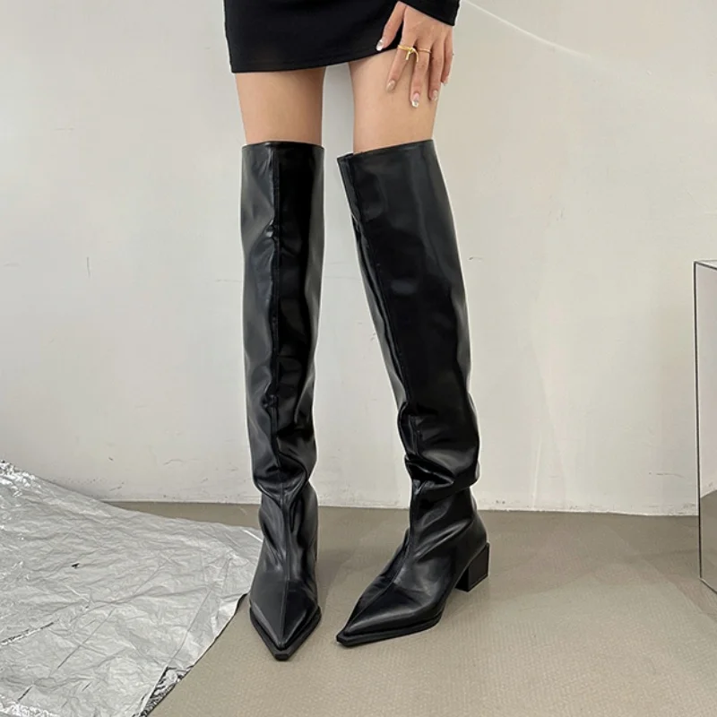 2025 Trend Geplooide Vrouwen Hoge Laarzen Punk Hoge Hakken Puntschoen Schoenen Winter Knie Hoge Designer Merk Lederen Vrouw Botas pompen