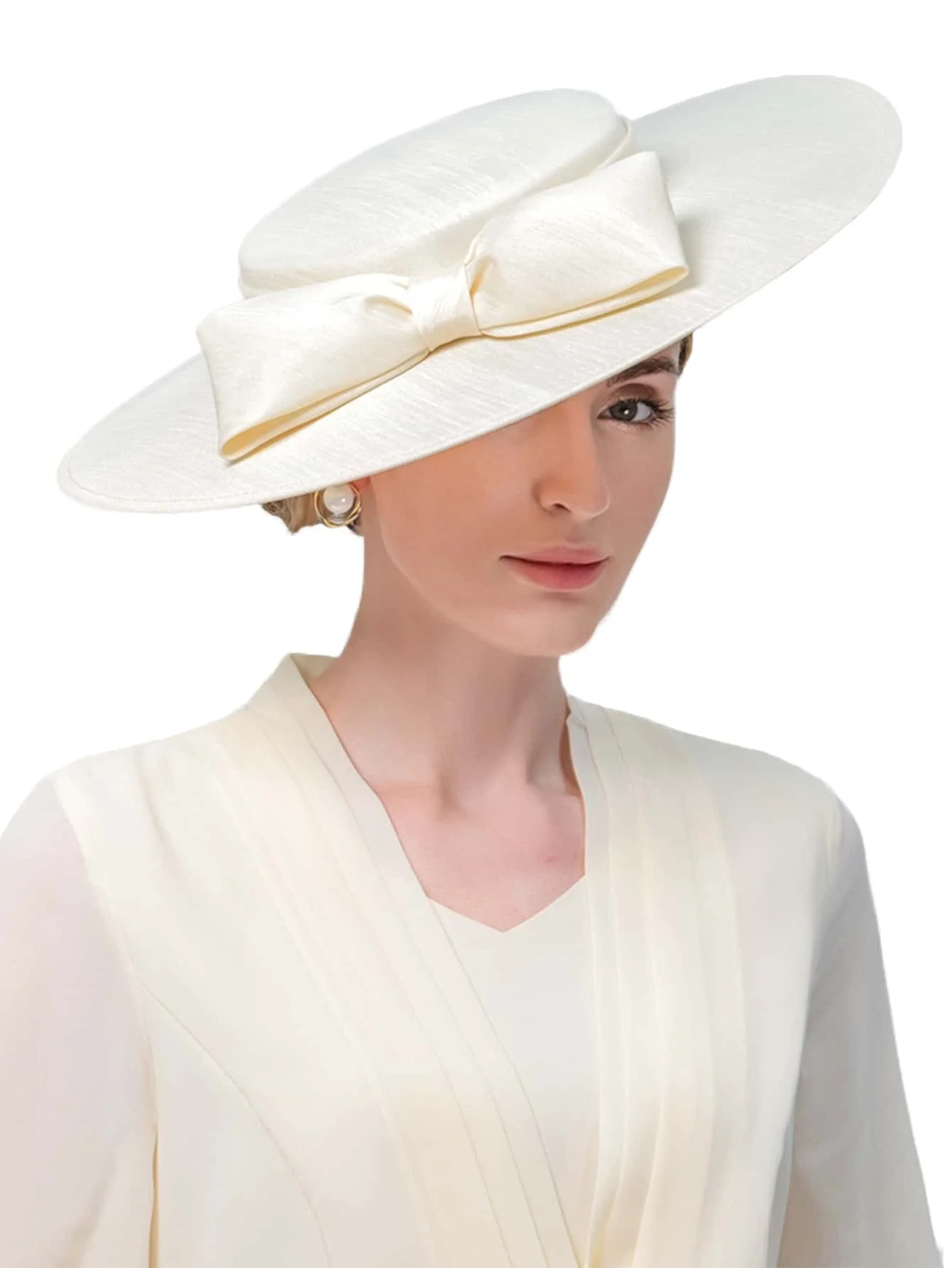 Chapeaux fascinateurs d'église à large bord pour femmes, casquette formelle Kentucky à gros nœud papillon, chapeau Fedoras à dessus plat pour fête de thé de mariée et de mariage