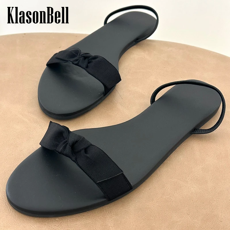 

6.5 KlasonBell Black Silk BowKnot Design Slippers Concise Sweet Elastic Strap Genuine Leather Flat Peep Toe Women Sandals