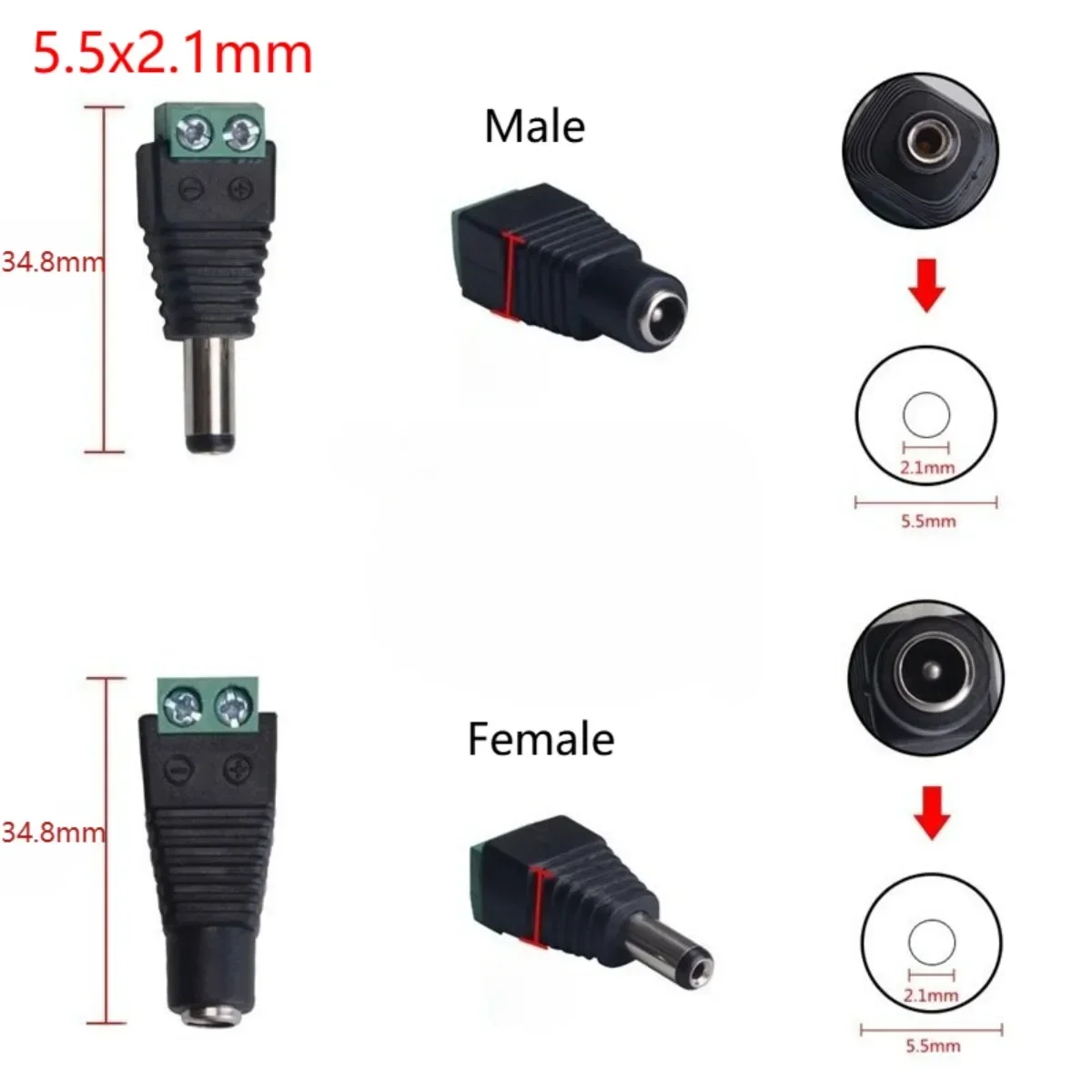 5 Paar DC 12V 5,5 x 2,1mm DC-Stromstecker-Adapterbuchsen für Signal-Farb-LED-Streifen, CCTV-Kamera – Detail 1