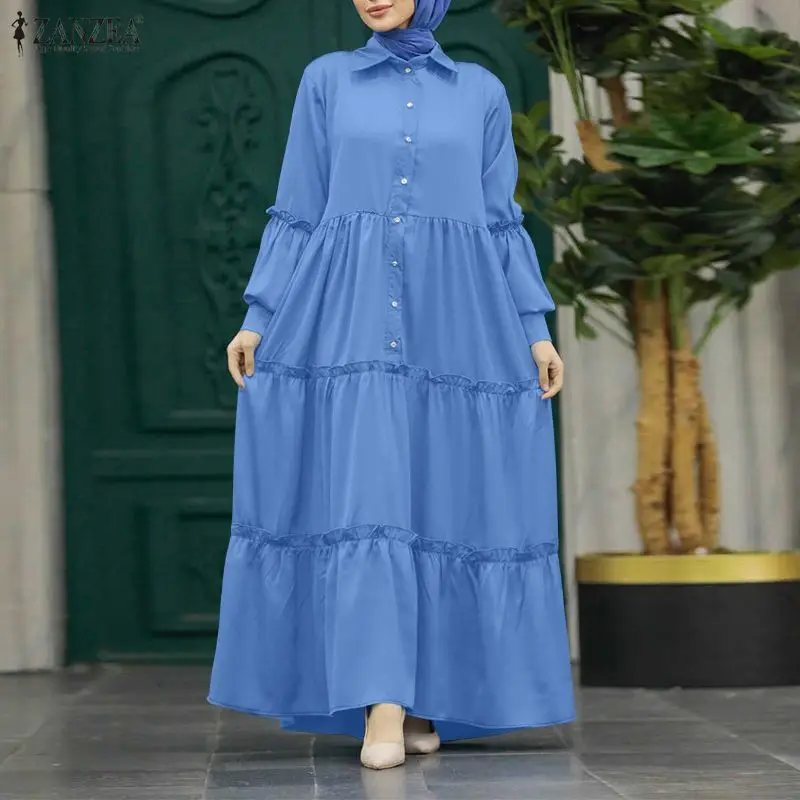 ZANZEA Muslim Hijabis Modest Long Dress Women's Turn-Down Collar Long Sleeve Ruffles Trim Tiered Dresses Islamic Abaya Robes 3XL