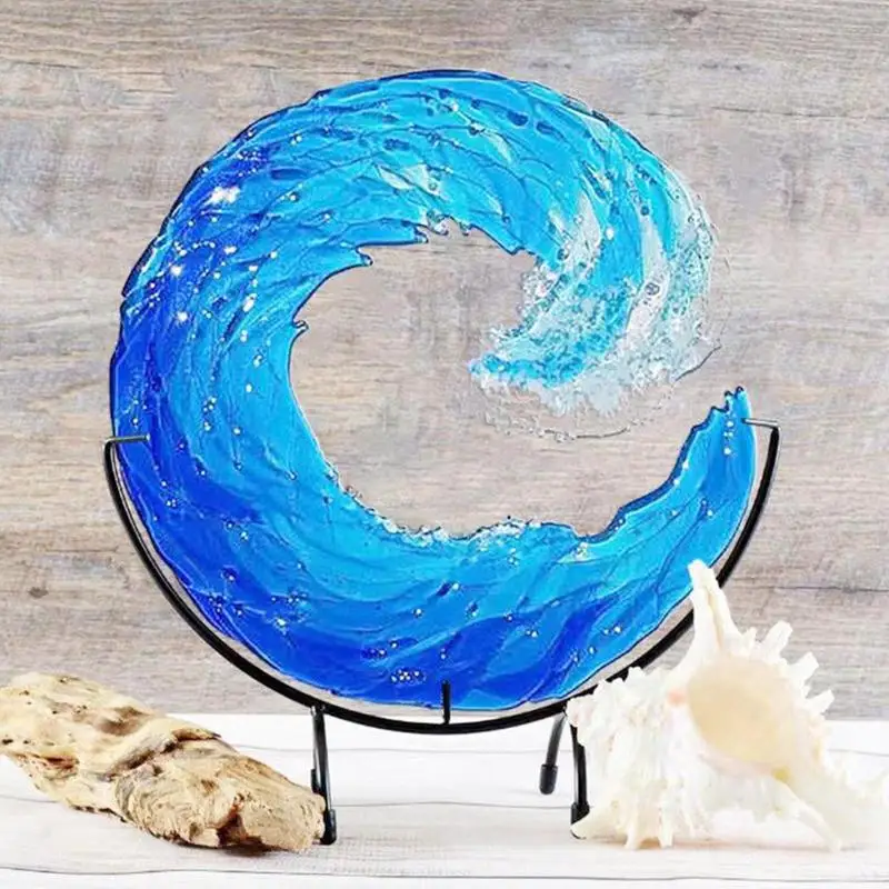 Acrylic Blue Sea Wave Sculpture Ocean Wave Shape Ornament Gradient Fused Blue Glass Wave Crafts With Bracket Creative Decoration