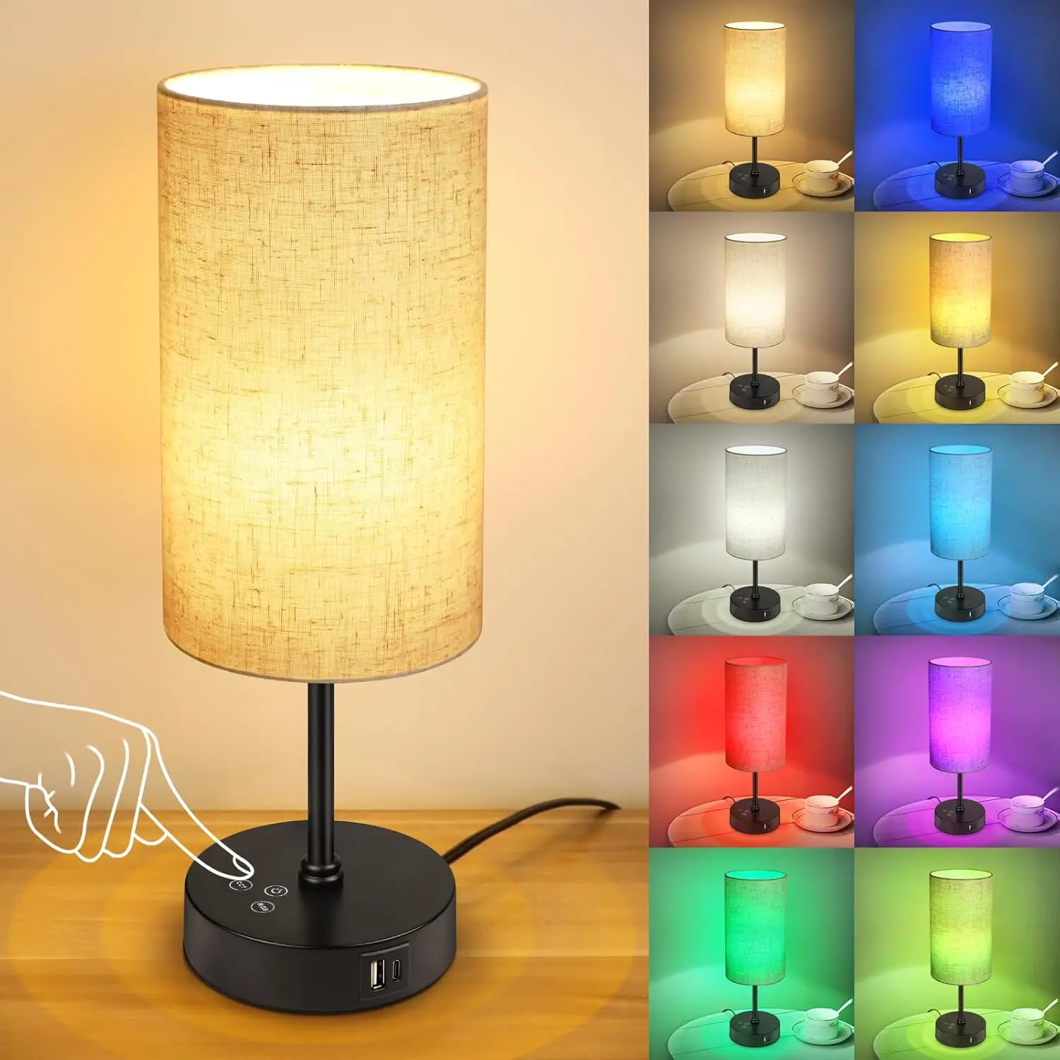 

Table Lamp, 3 CCT 3000K/4500K/6500K & RGB Color Changing, Dimmable Bedside Lamp for Reading, Nightstand Light, Beige Shade
