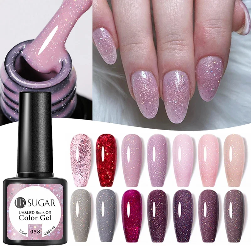 

UR SUGAR 7.5ml Pink Glitter Nail Gel Polish Semi Permanent Varnish Soak Off UV LED Nail Art Base Top Coat Gel Manicure