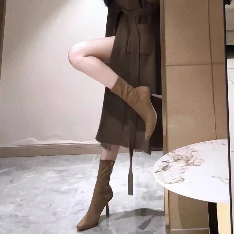 2024 Luxury Women Khaki Black Flock Sock Boots Stiletto Thin High Heels Elastic Knitting Boots Winter Stretch Fabric Ankle Boots