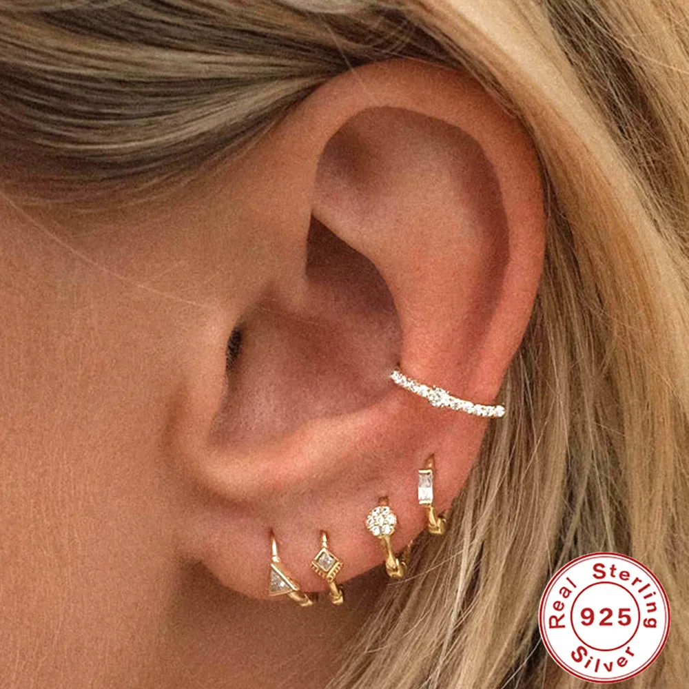 ROXI 100% 925 Sterling Silver Geometric Single Row Crystal Cartilage Piercing 10mm Ear Buckle Wedding Jewelry For Women 1 Piece