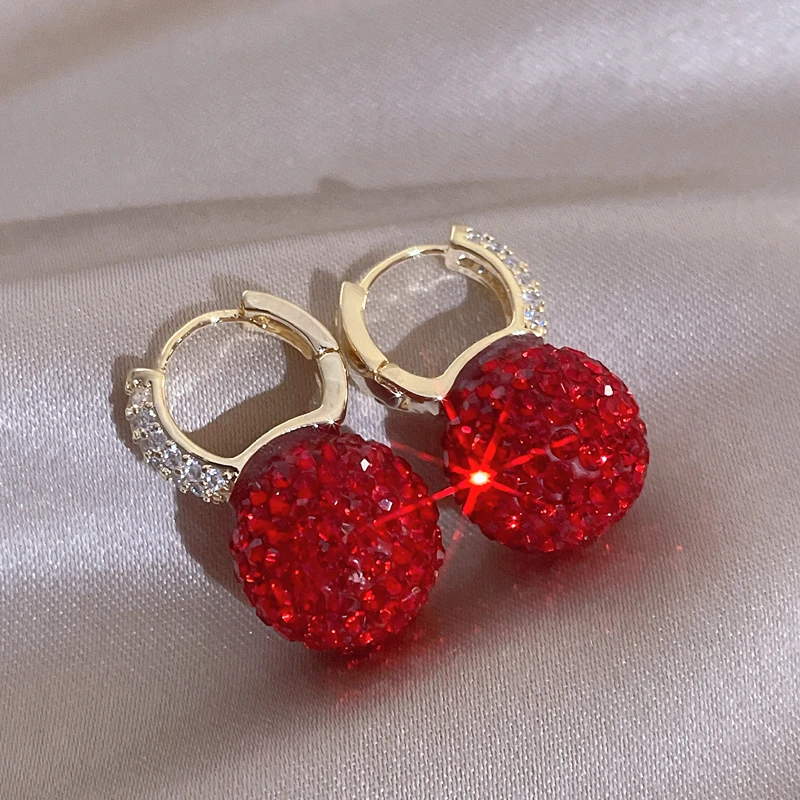 New Fashion Shiny Full Rhinestone Red Ball Drop Earrings for Women Korean Temperament Metal Earrings Jewelry Accessories